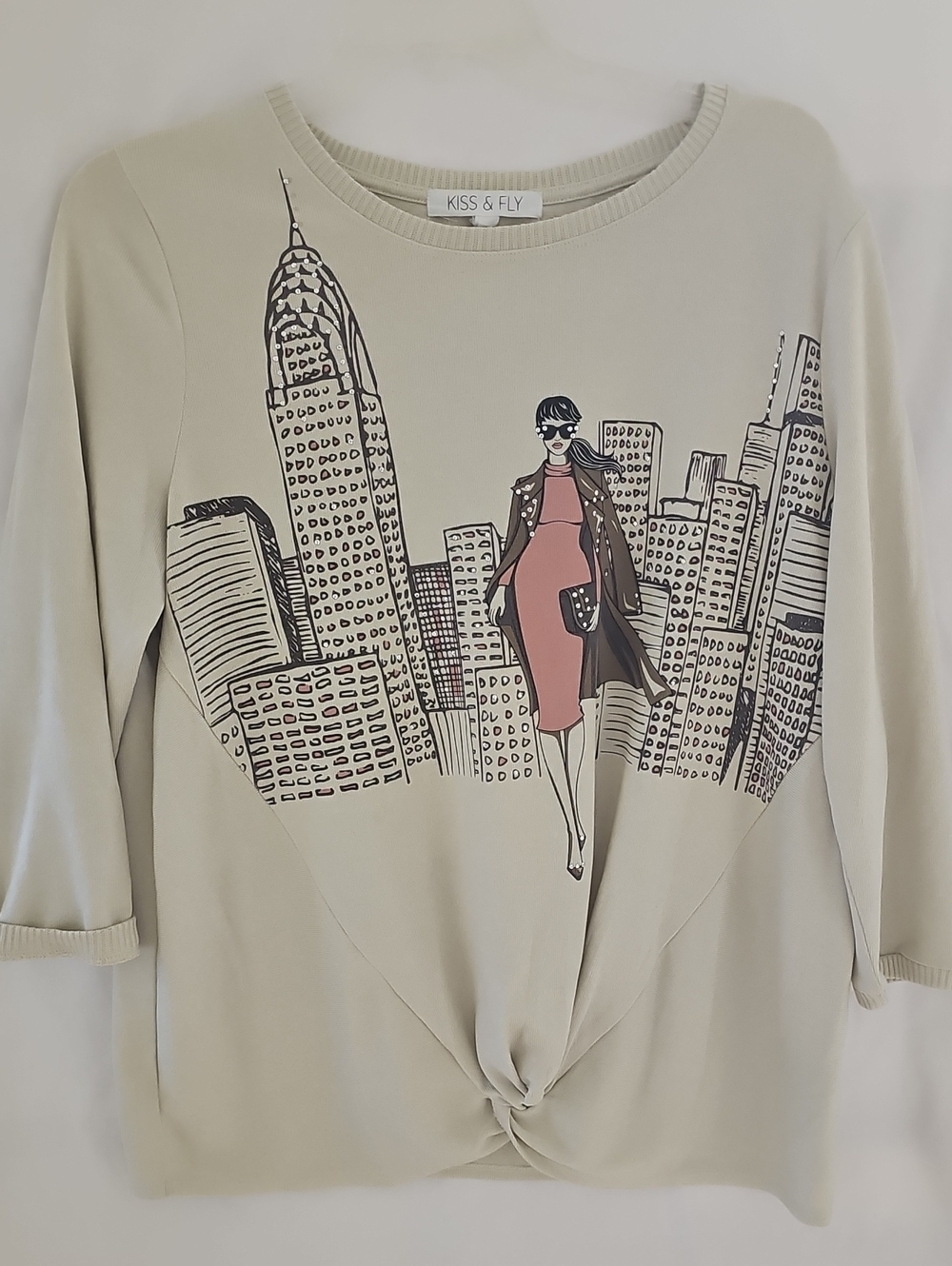 Kiss & Fly Beige Graphic Cityscape Top with Pink Dress Motif